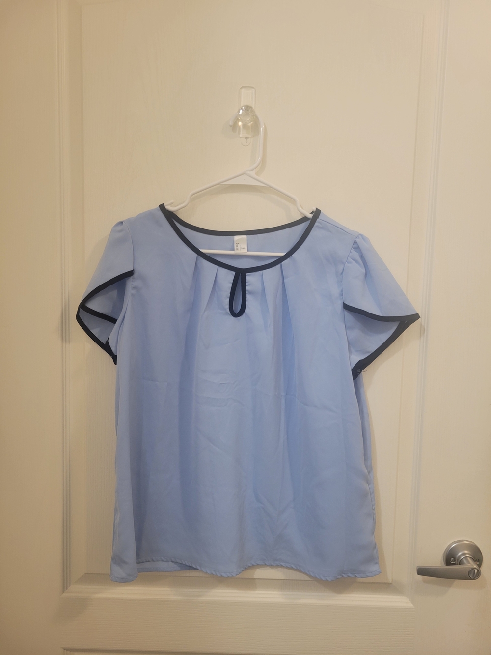 Light Blue Short Sleeve Blouse with Navy Trim